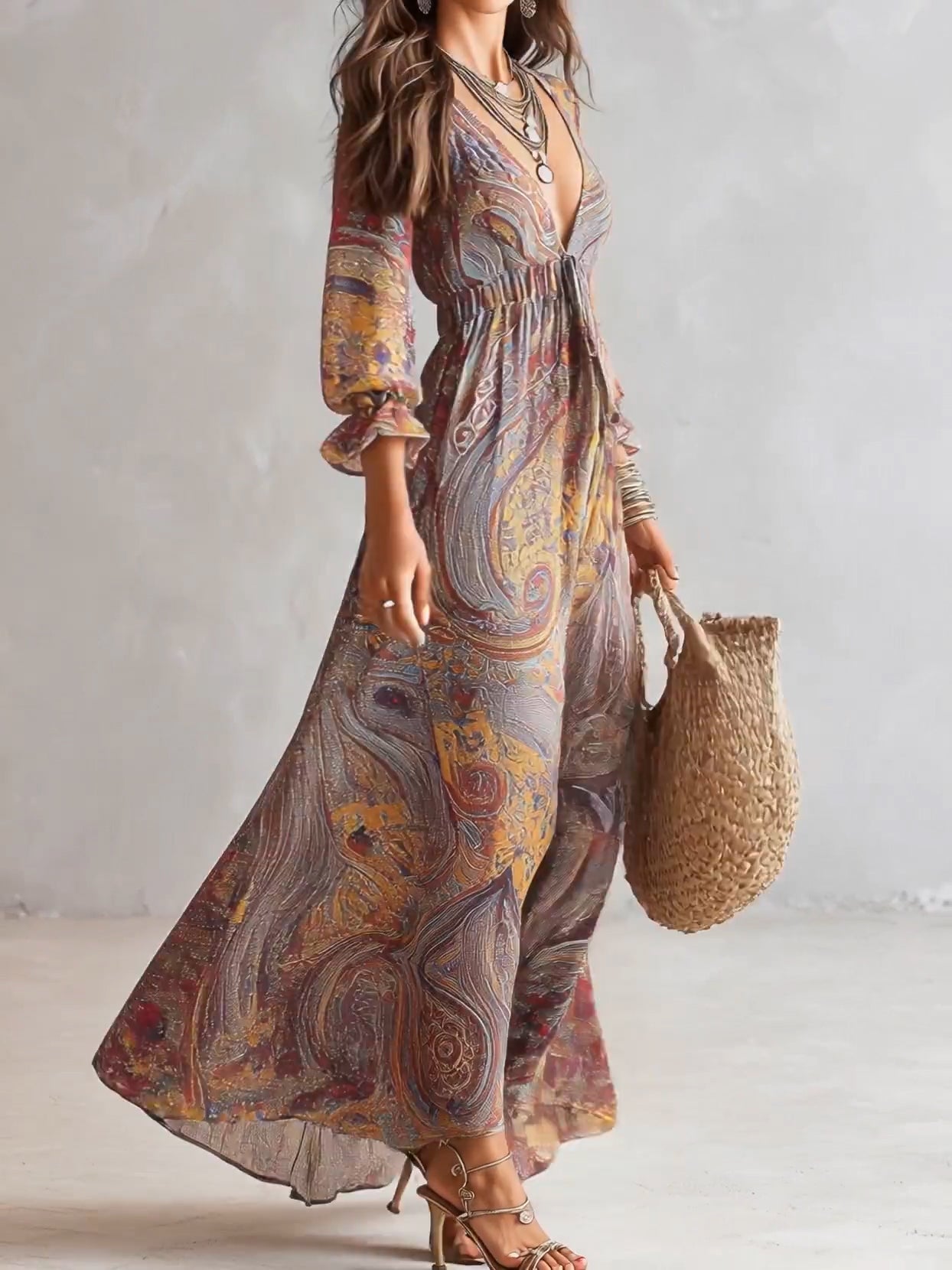 Vestido Maxi de Chiffon con Estampado Paisley y Escote en V
