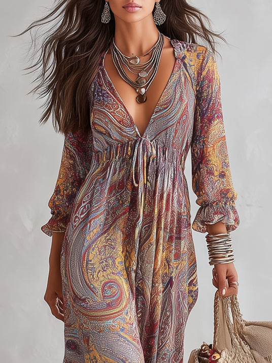 Vestido Maxi de Chiffon con Estampado Paisley y Escote en V