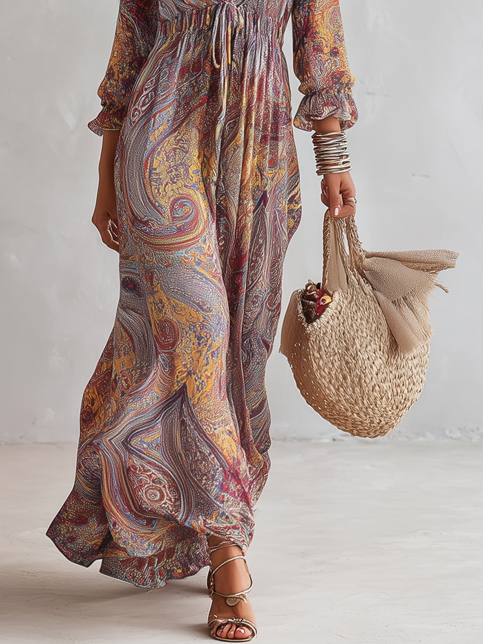 Vestido Maxi de Chiffon con Estampado Paisley y Escote en V