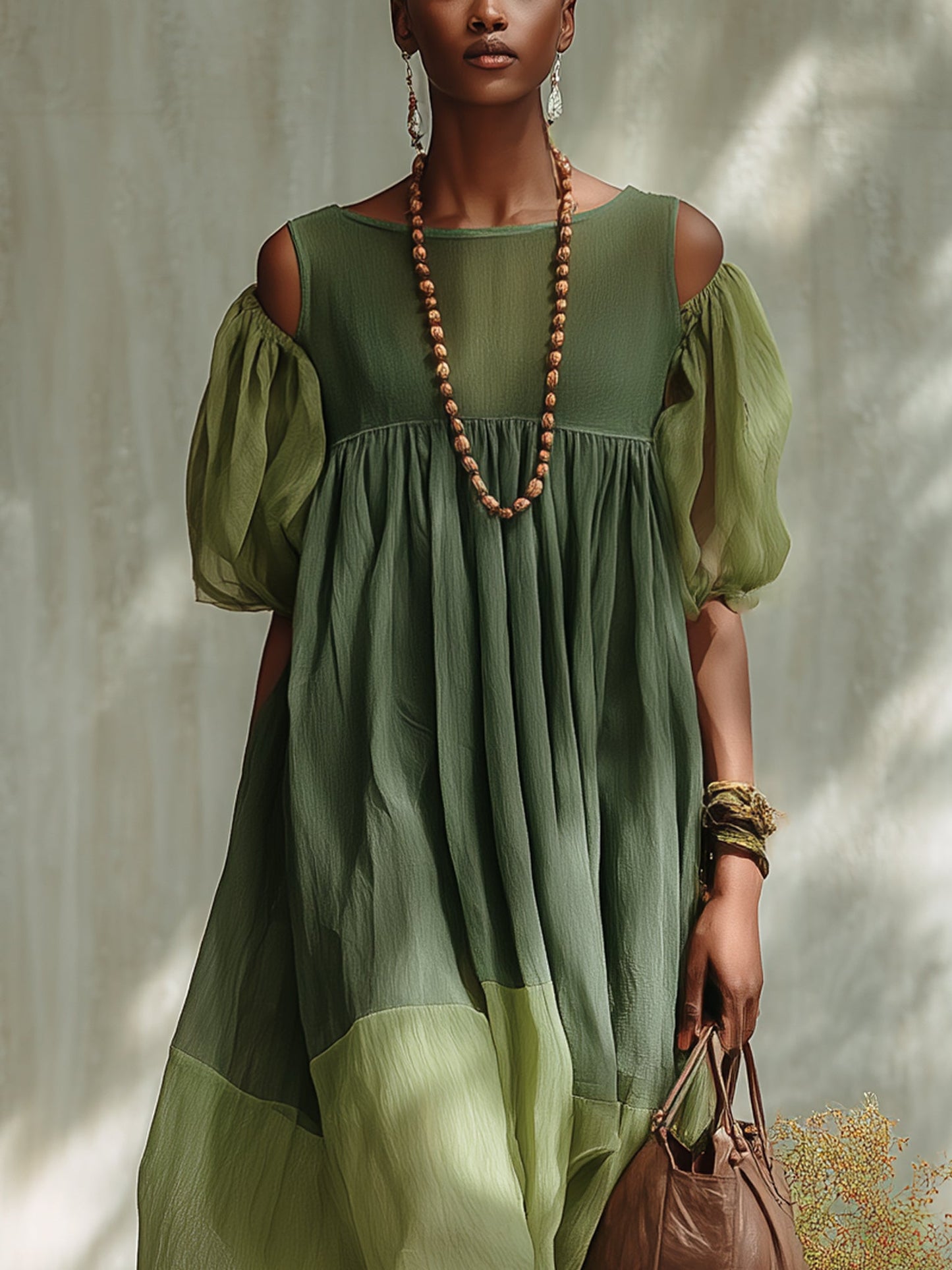 Vestido Midi de Chiffon Verde con Hombros Descubiertos