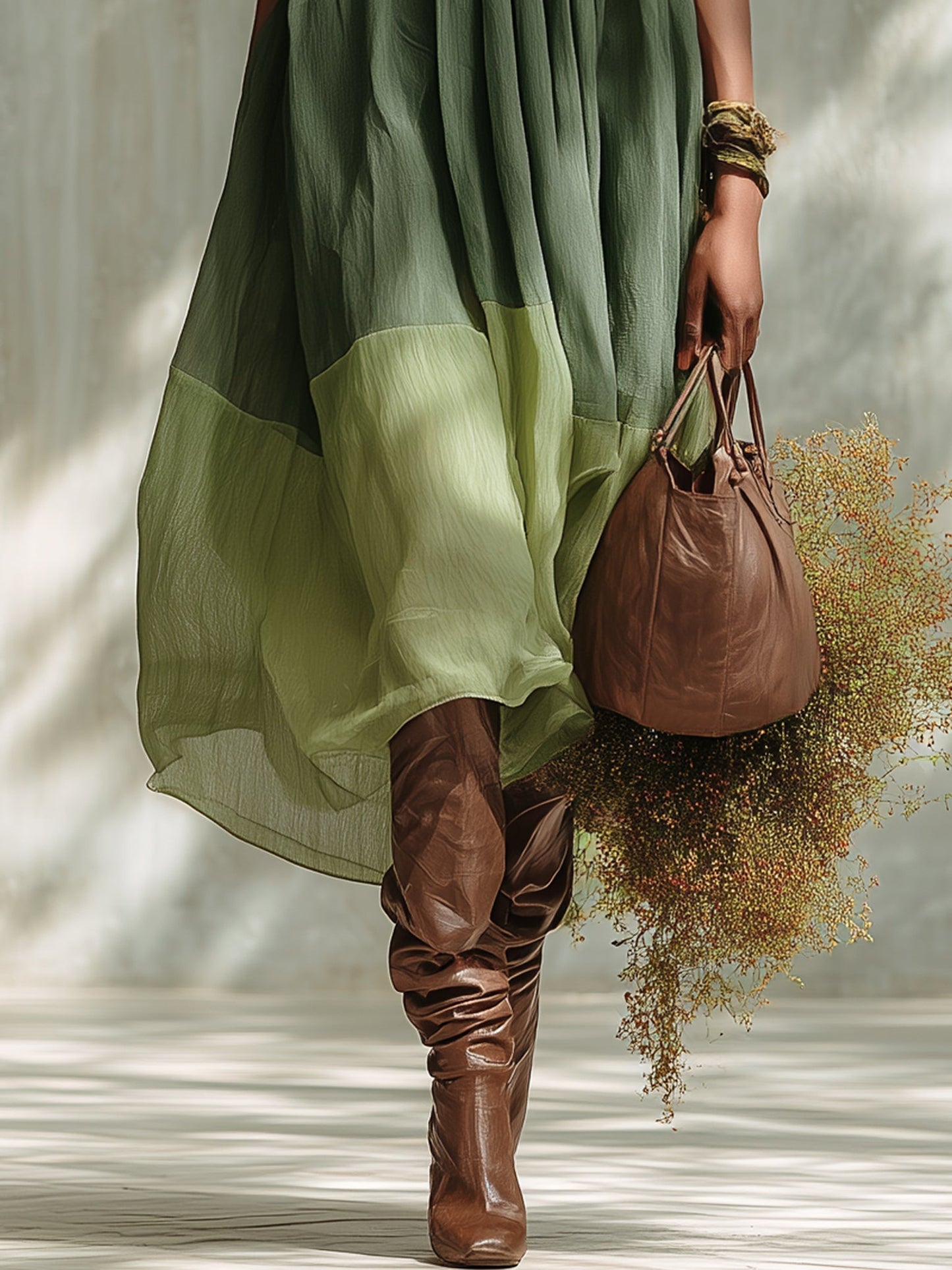 Vestido Midi de Chiffon Verde con Hombros Descubiertos