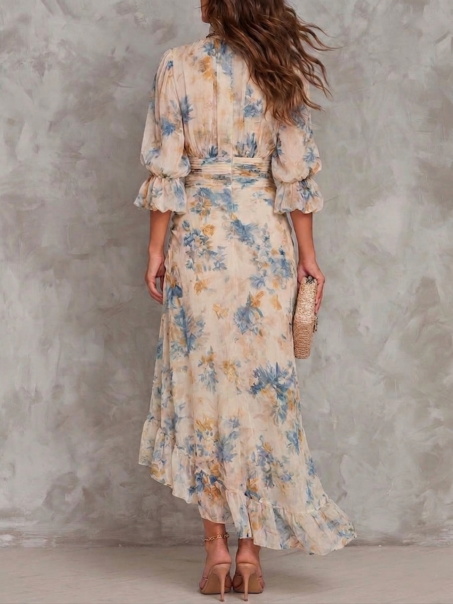 Vestido Maxi de Chiffon Asimétrico con Estampado Floral