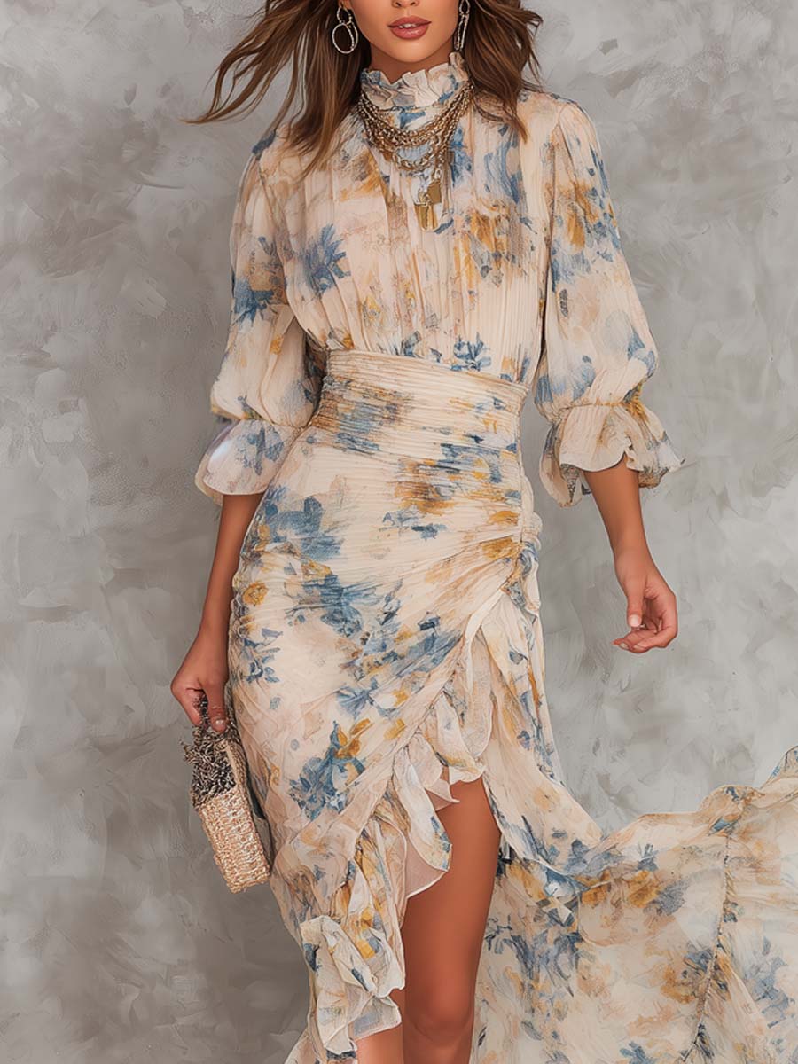 Vestido Maxi de Chiffon Asimétrico con Estampado Floral