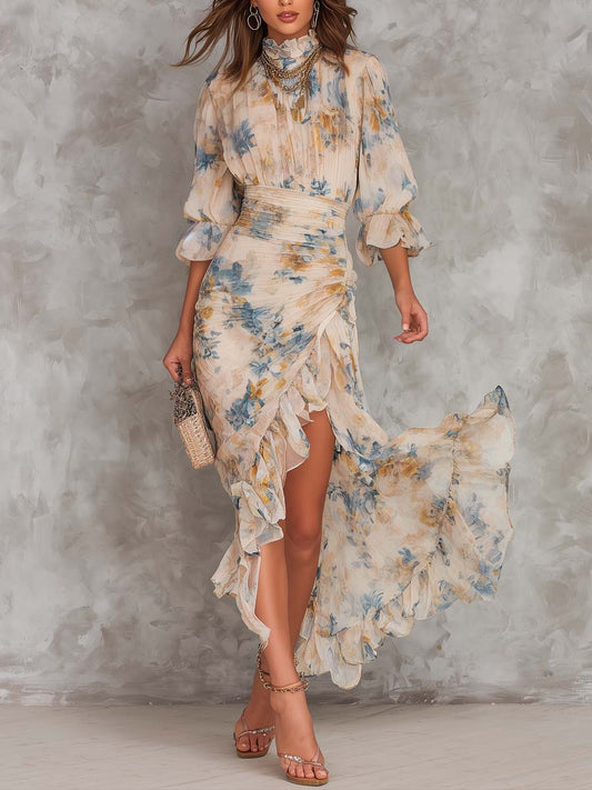 Vestido Maxi de Chiffon Asimétrico con Estampado Floral