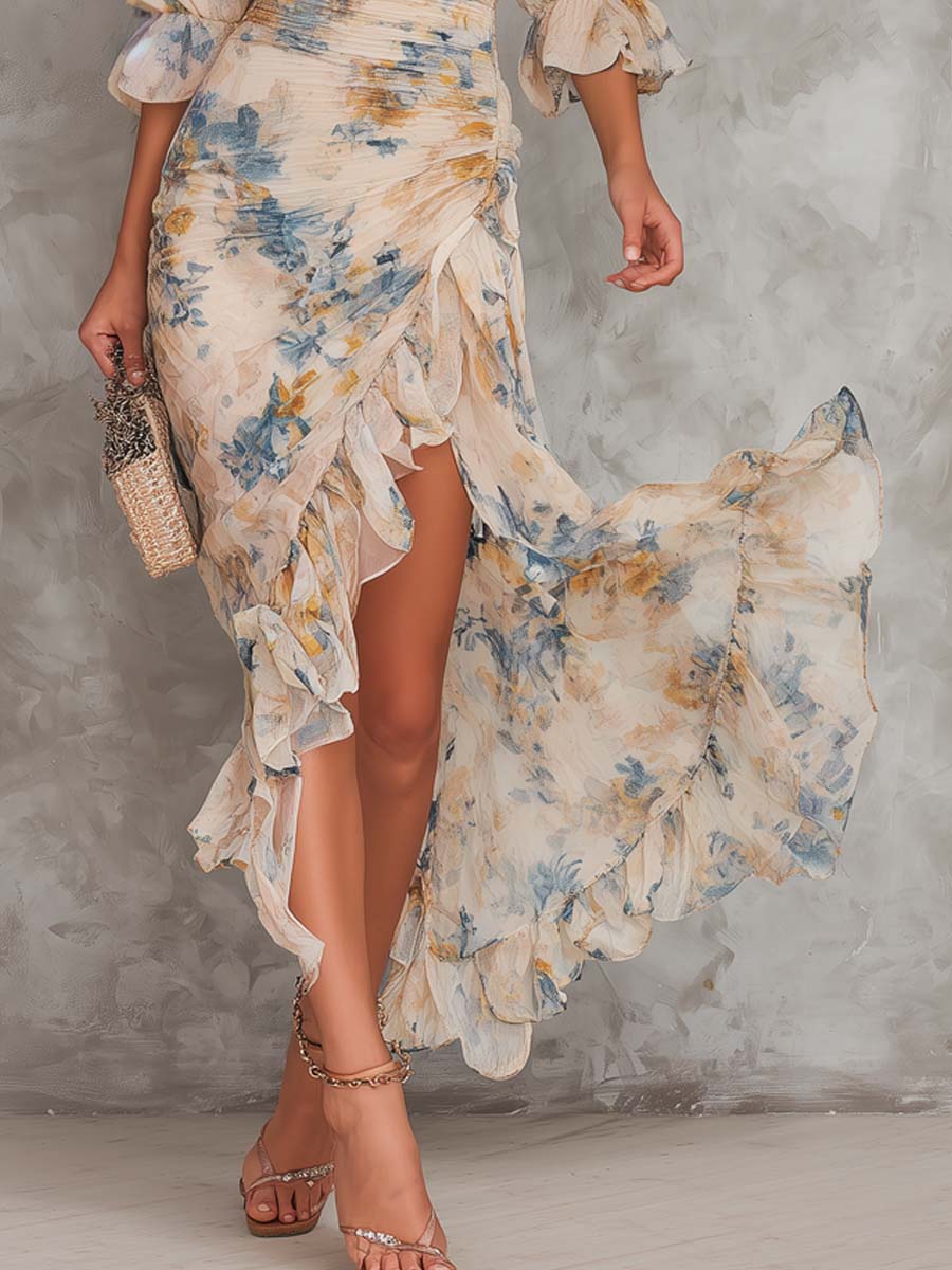 Vestido Maxi de Chiffon Asimétrico con Estampado Floral
