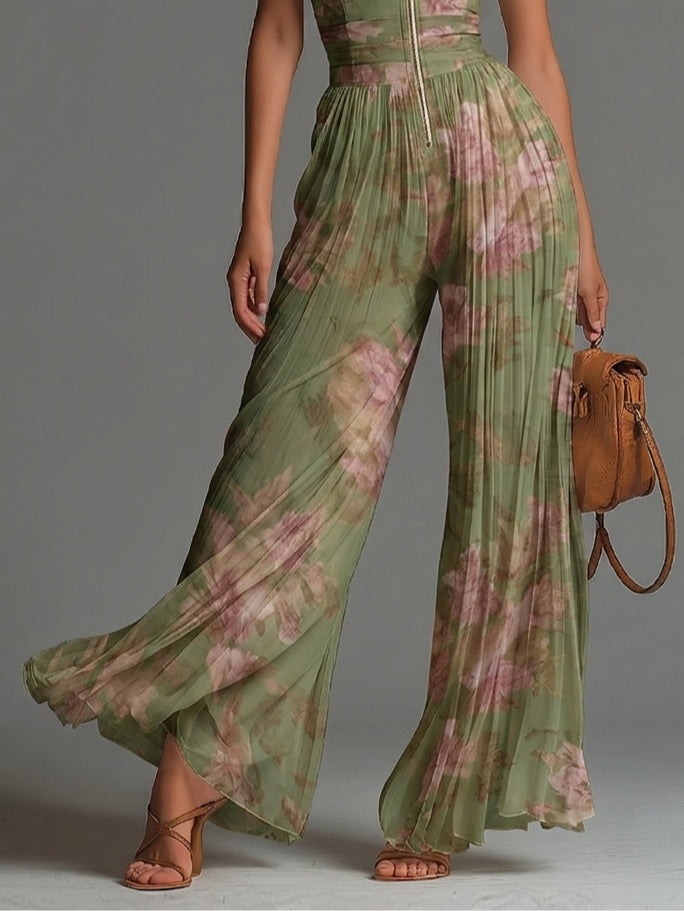 Jumpsuit de Chiffon Verde Floral Sin Mangas con Cierre