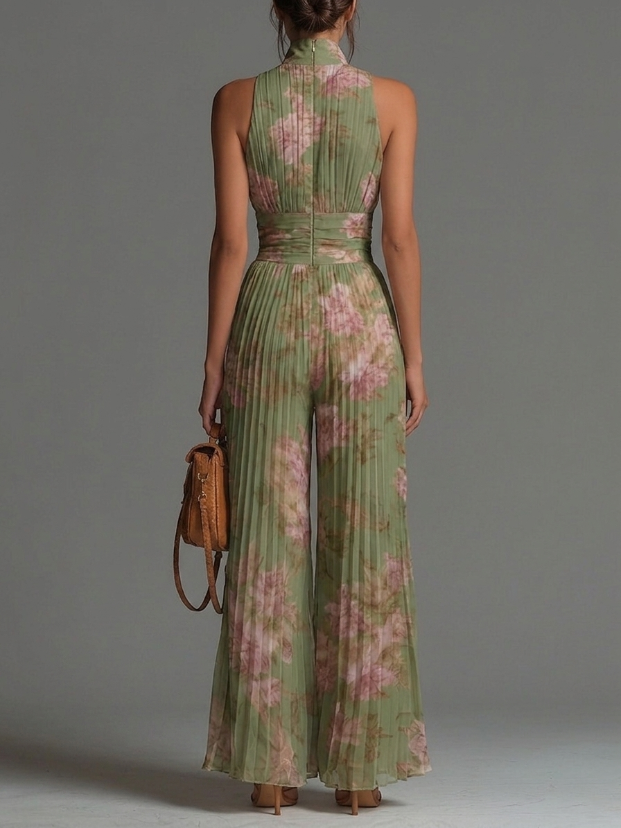 Jumpsuit de Chiffon Verde Floral Sin Mangas con Cierre