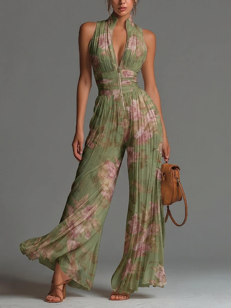 Jumpsuit de Chiffon Verde Floral Sin Mangas con Cierre