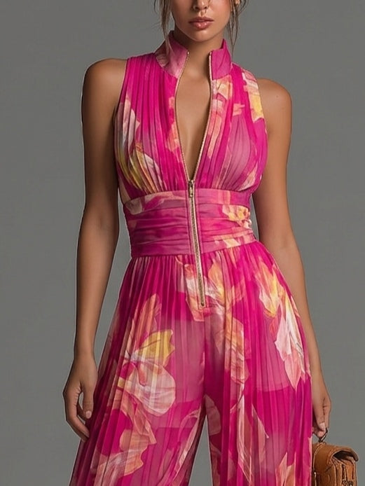 Jumpsuit Sin Mangas de Chiffon Plisado con Cierre