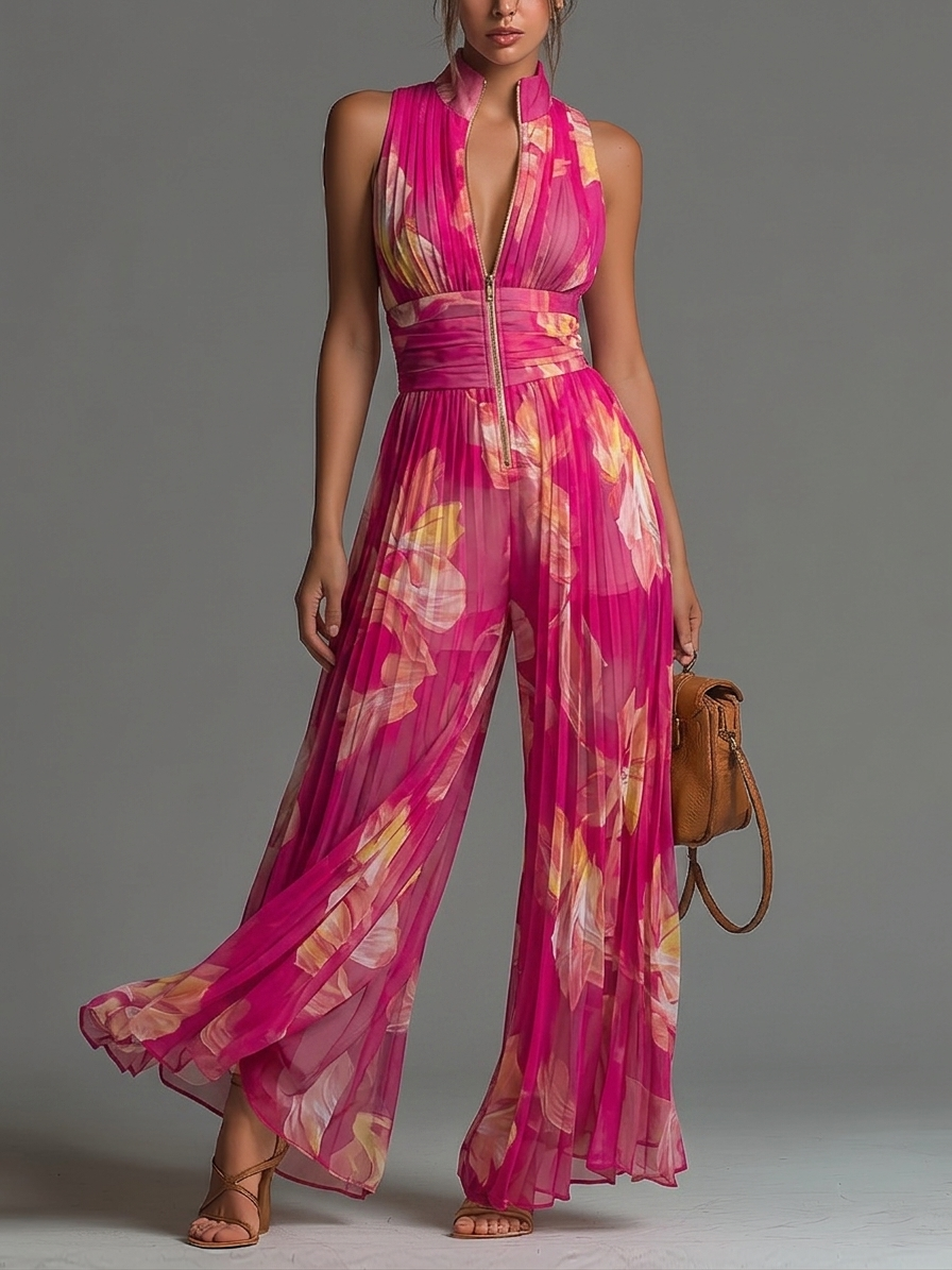Jumpsuit Sin Mangas de Chiffon Plisado con Cierre