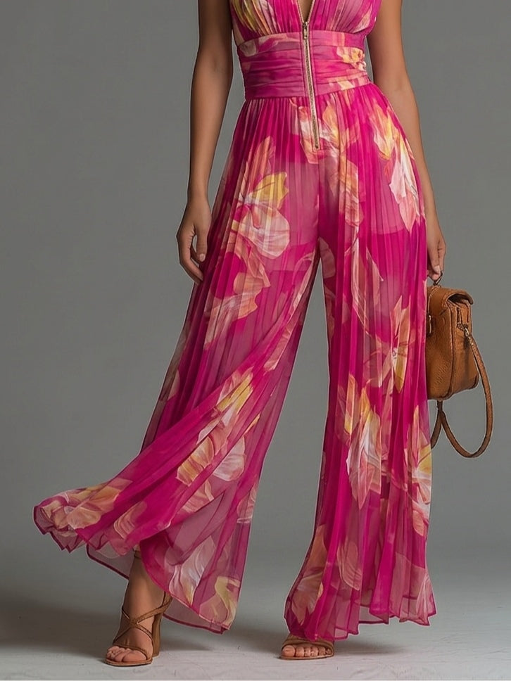 Jumpsuit Sin Mangas de Chiffon Plisado con Cierre