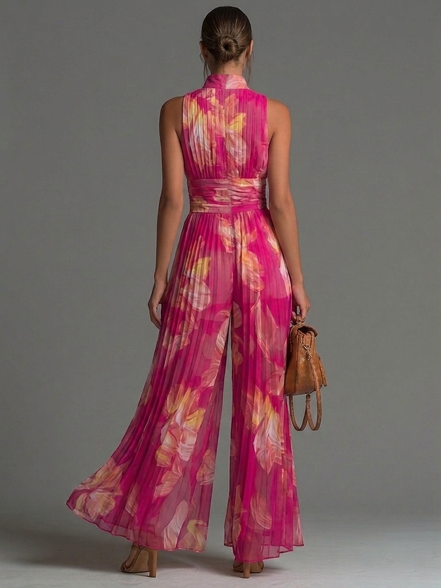 Jumpsuit Sin Mangas de Chiffon Plisado con Cierre