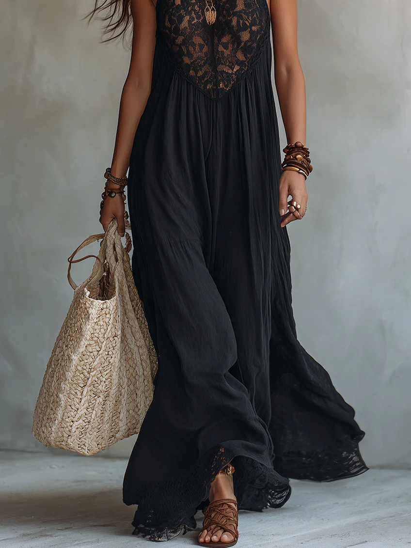 Vestido Maxi Negro Sin Mangas con Encaje Boho