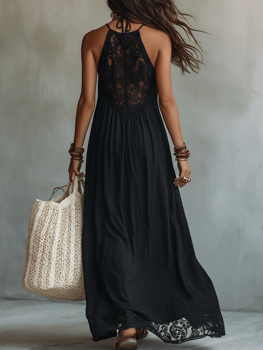 Vestido Maxi Negro Sin Mangas con Encaje Boho