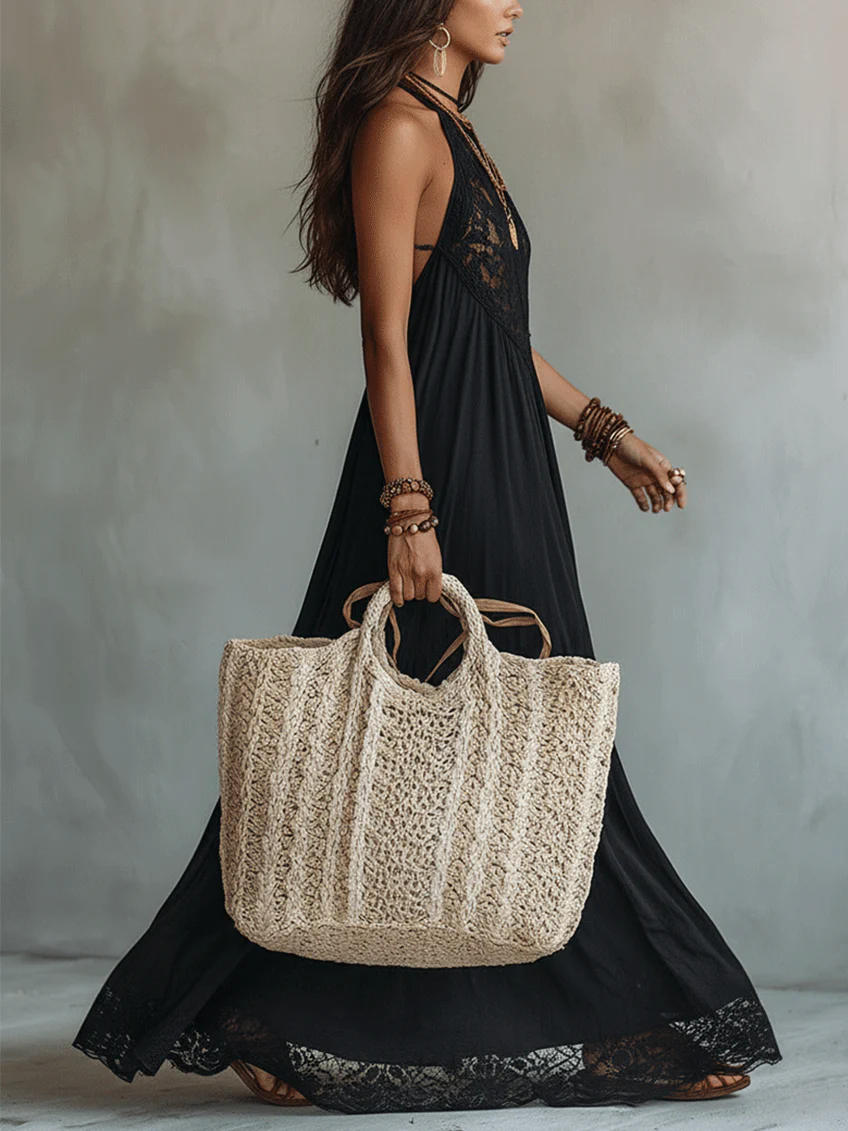 Vestido Maxi Negro Sin Mangas con Encaje Boho