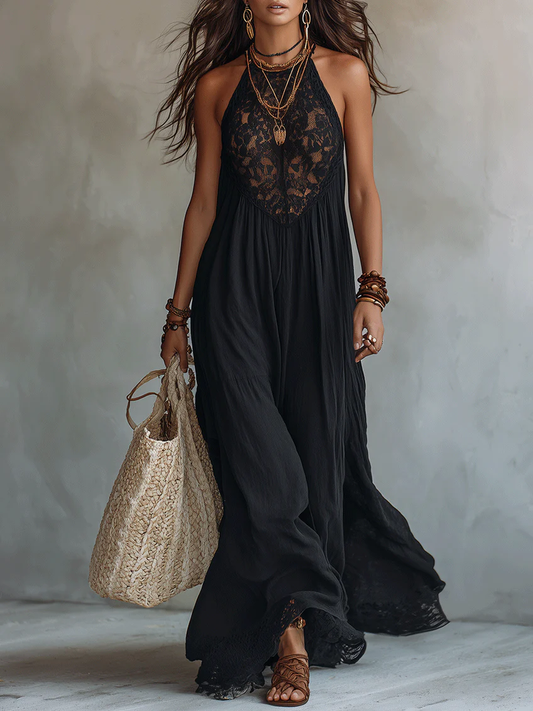 Vestido Maxi Negro Sin Mangas con Encaje Boho