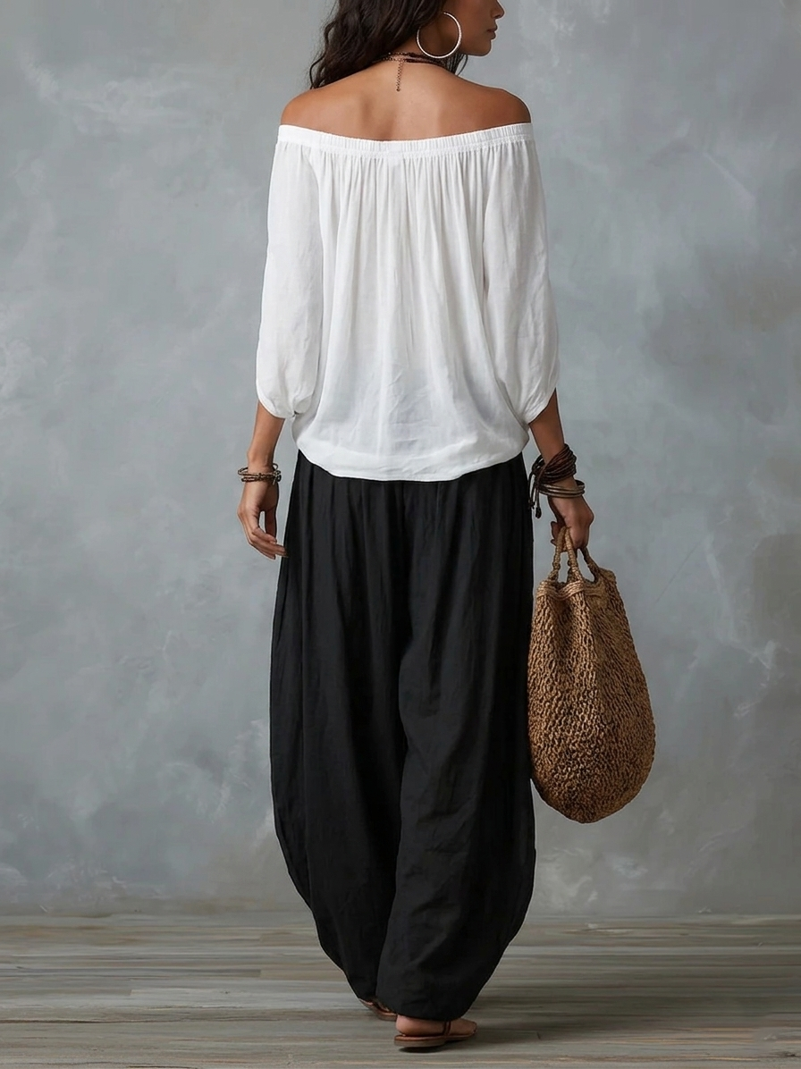 Conjunto de Top Blanco Off-Shoulder y Pantalón Ancho