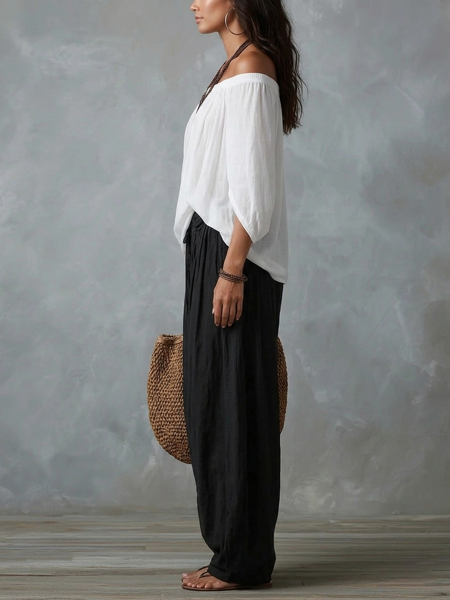 Conjunto de Top Blanco Off-Shoulder y Pantalón Ancho