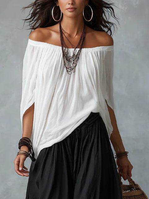 Conjunto de Top Blanco Off-Shoulder y Pantalón Ancho