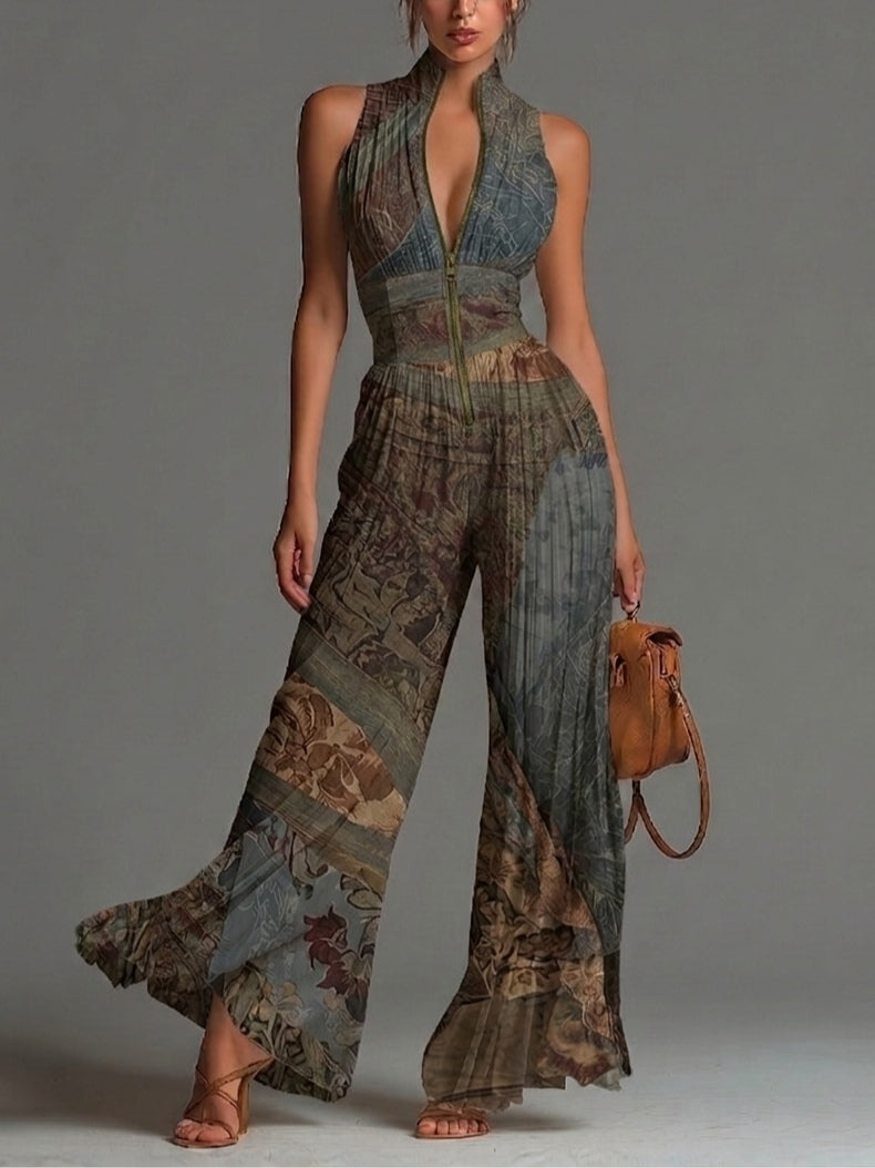 Jumpsuit Sin Mangas de Chiffon con Estampado Étnico Boho