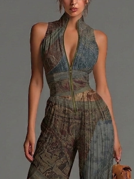 Jumpsuit Sin Mangas de Chiffon con Estampado Étnico Boho