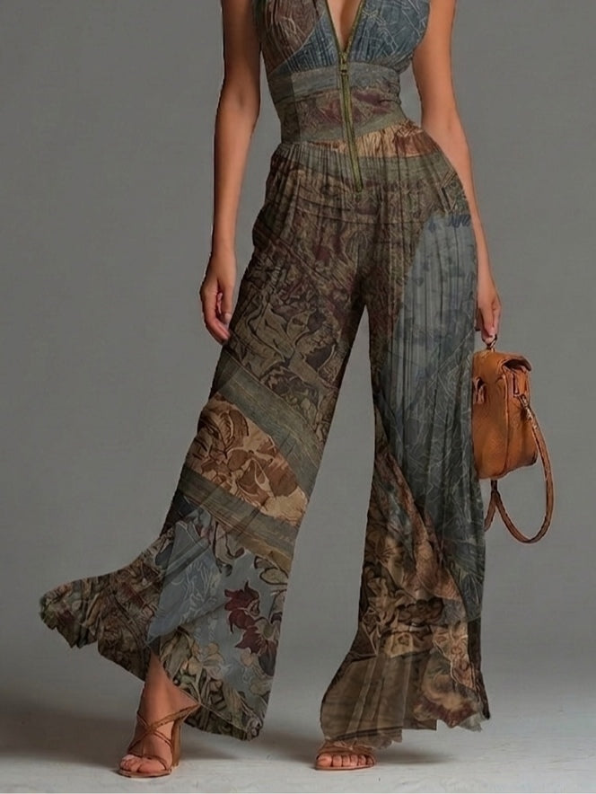 Jumpsuit Sin Mangas de Chiffon con Estampado Étnico Boho