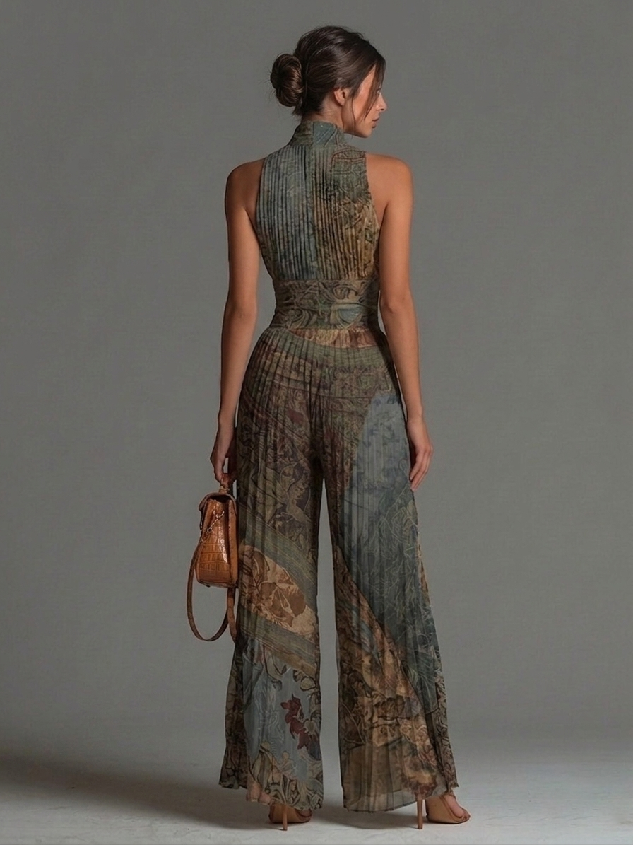 Jumpsuit Sin Mangas de Chiffon con Estampado Étnico Boho