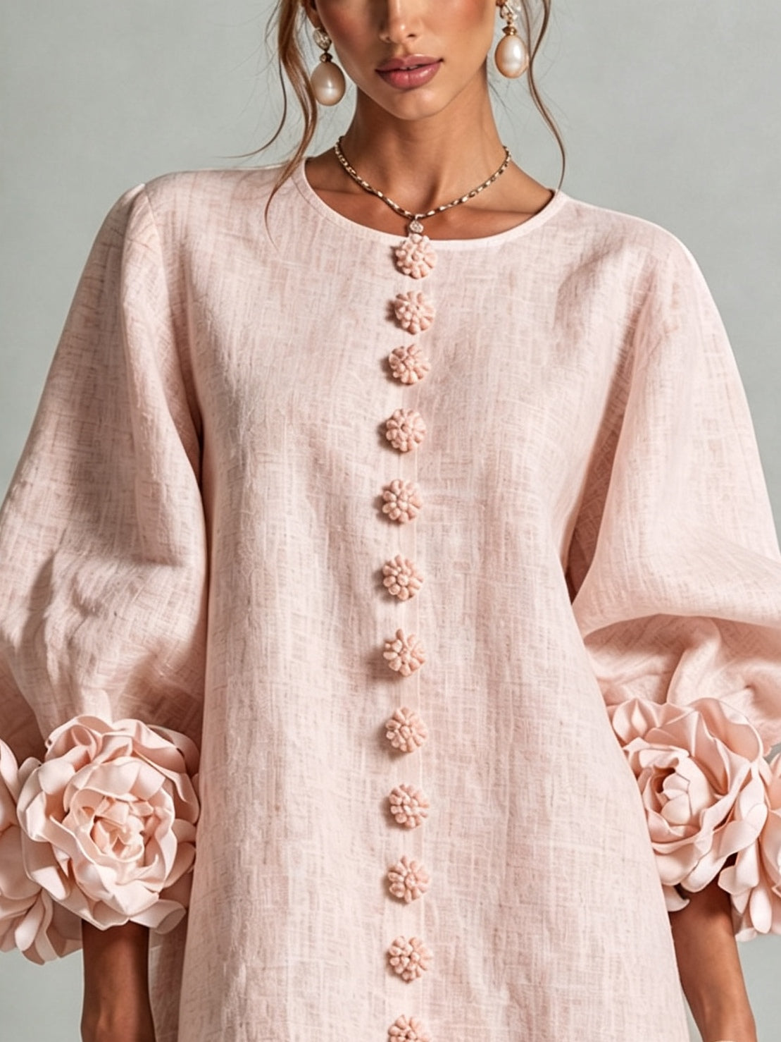 Vestido Mini Floral Rosa Con Botones y Mangas Florales Sorprendentes