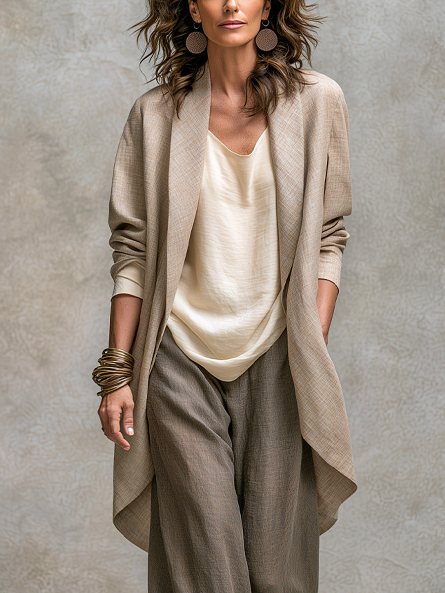 Conjunto Elegante de Tres Piezas Beige Gris con Pantalón de Pierna Amplia