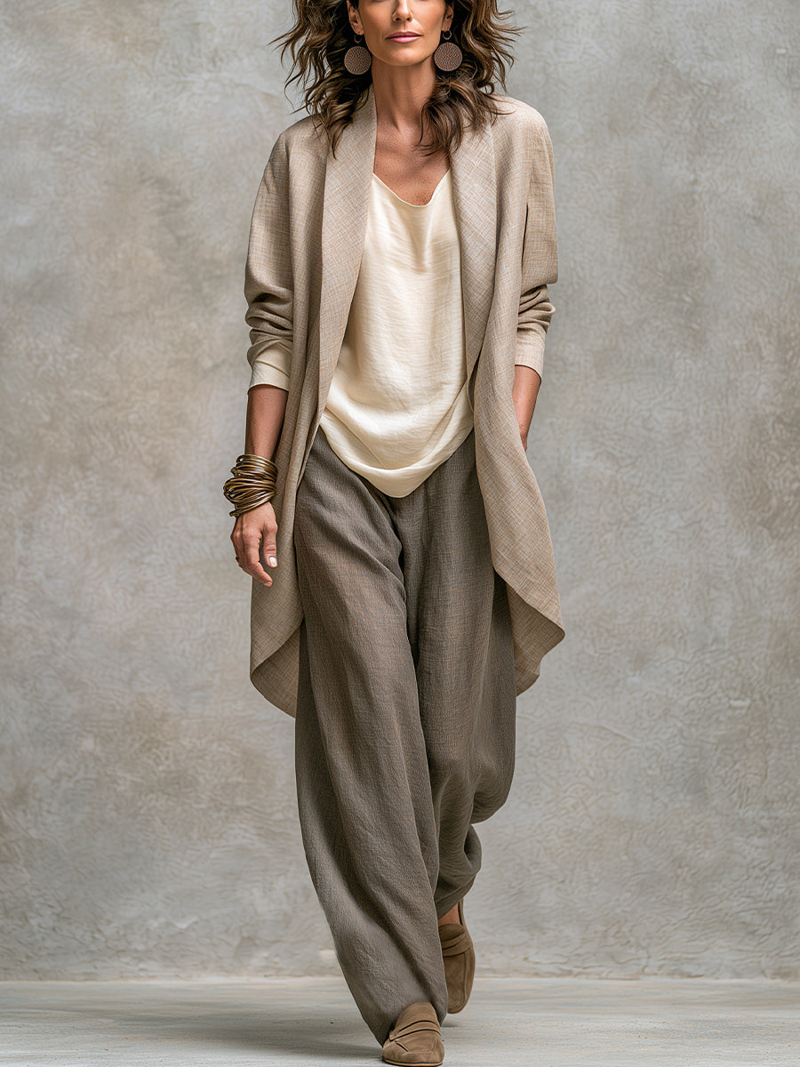 Conjunto Elegante de Tres Piezas Beige Gris con Pantalón de Pierna Amplia