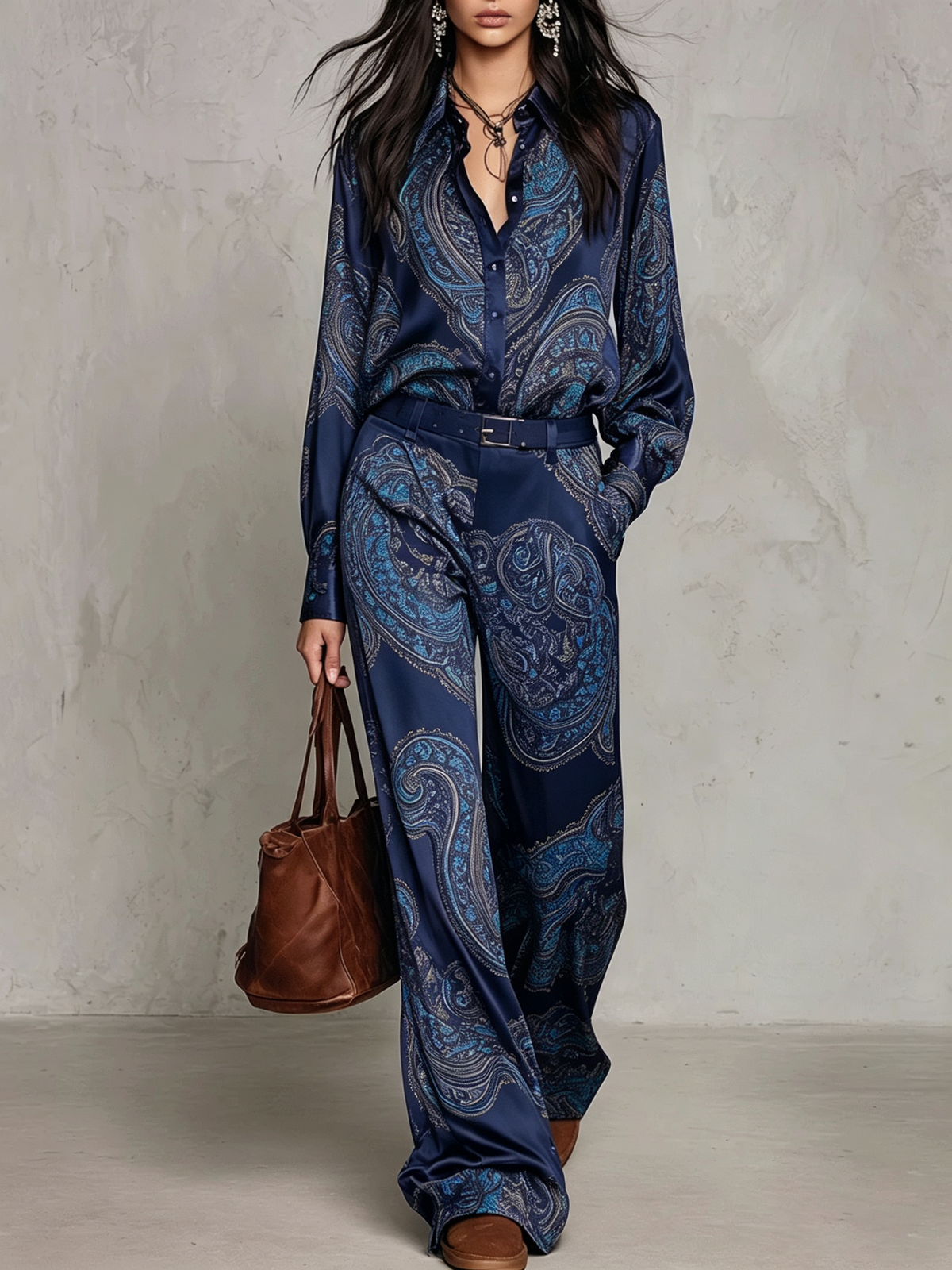 Gloria | Camisa de Seda de Manga Larga con Estampado Paisley Vino y Pantalón de Pierna Amplia