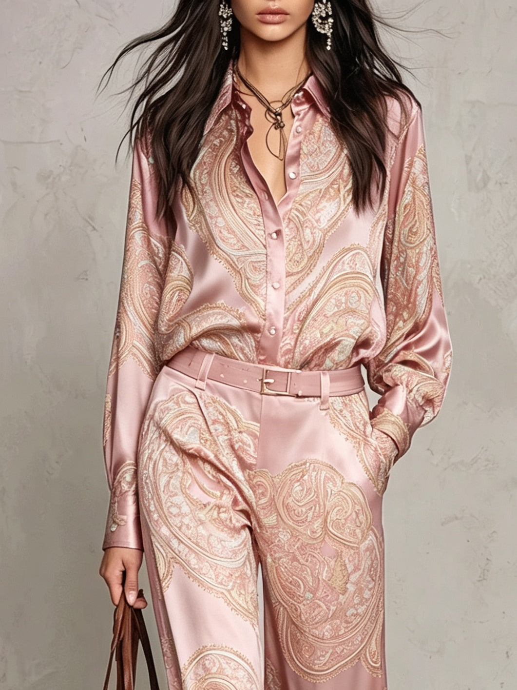 Conjunto de Camisa de Manga Larga de Satín con Estampado Paisley Rosa y Pantalón de Pierna Amplia (con cinturón)