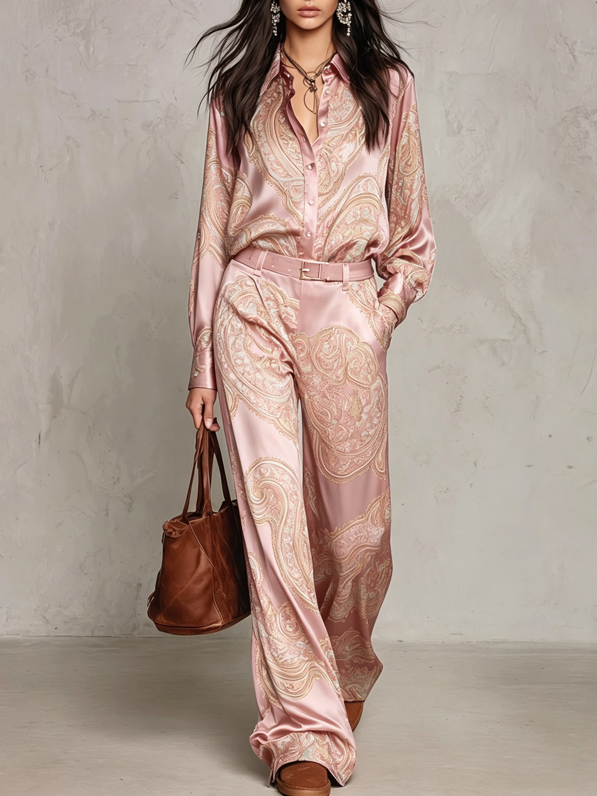 Conjunto de Camisa de Manga Larga de Satín con Estampado Paisley Rosa y Pantalón de Pierna Amplia (con cinturón)