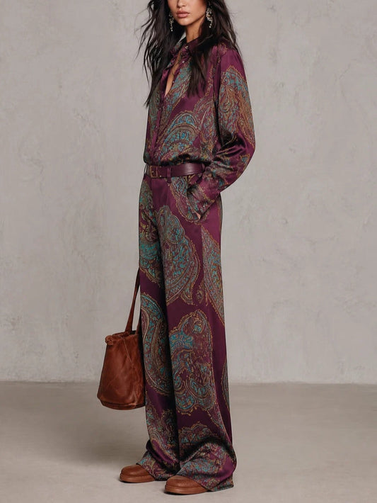 Gloria | Camisa de Seda de Manga Larga con Estampado Paisley Vino y Pantalón de Pierna Amplia