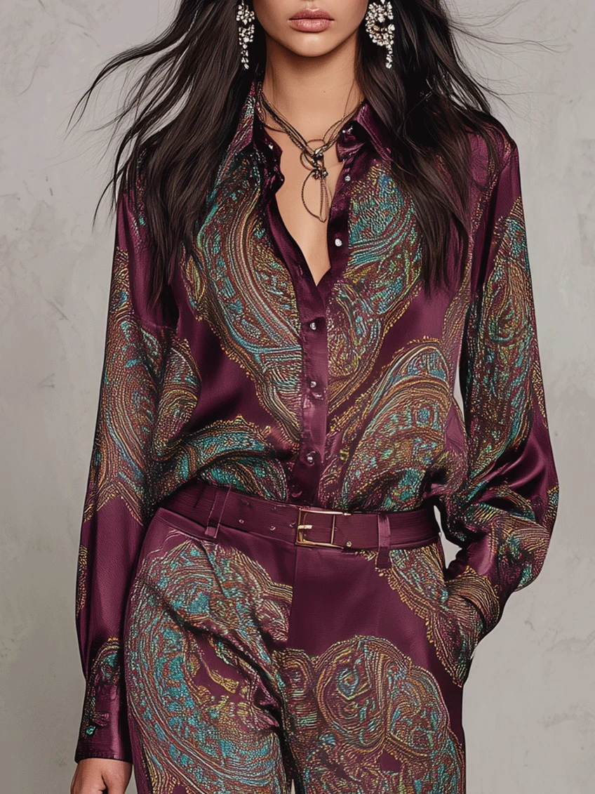 Gloria | Camisa de Seda de Manga Larga con Estampado Paisley Vino y Pantalón de Pierna Amplia