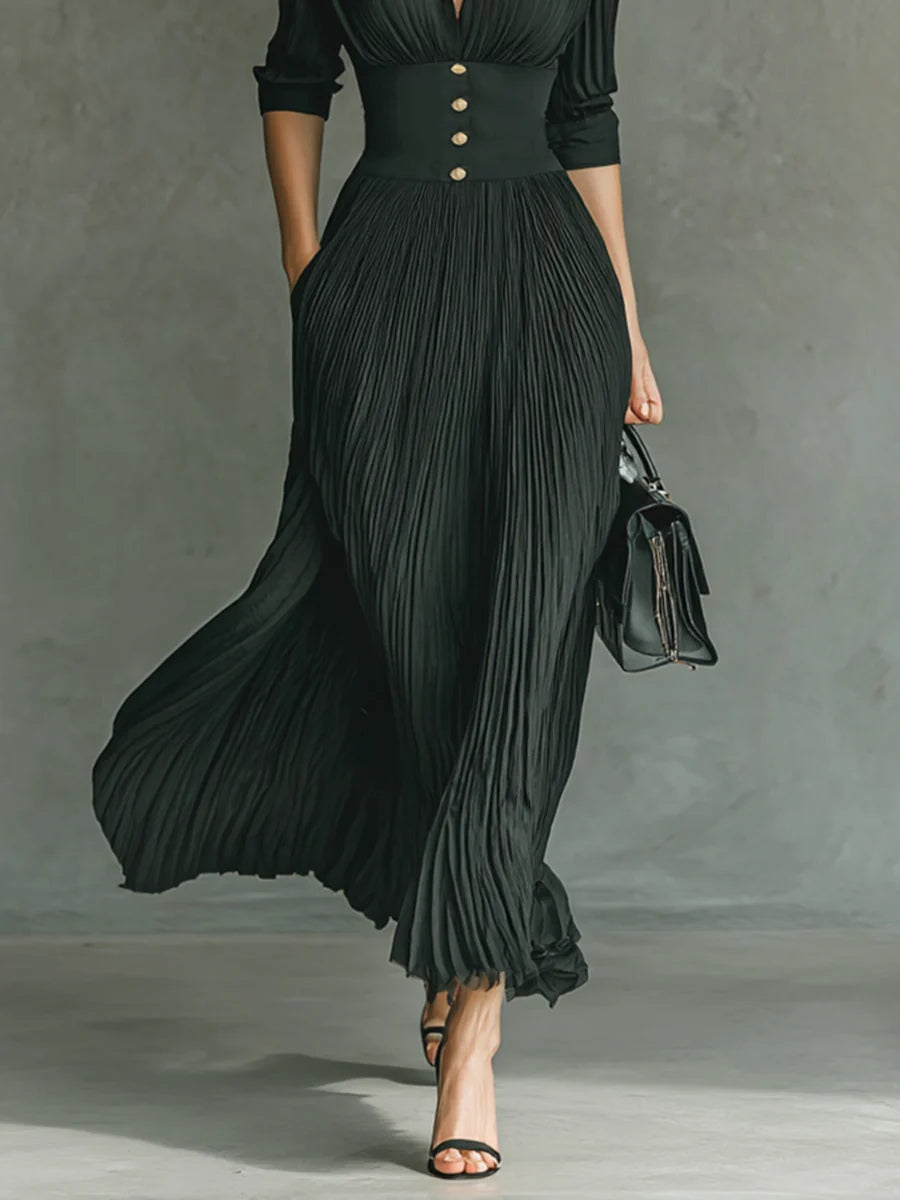 Sofía | Vestido Largo Plisado con Solapas y Cintura Alta