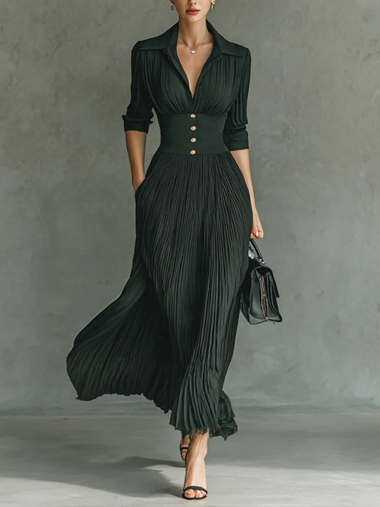 Sofía | Vestido Largo Plisado con Solapas y Cintura Alta