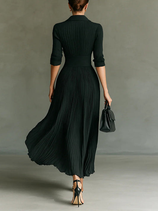 Sofía | Vestido Largo Plisado con Solapas y Cintura Alta