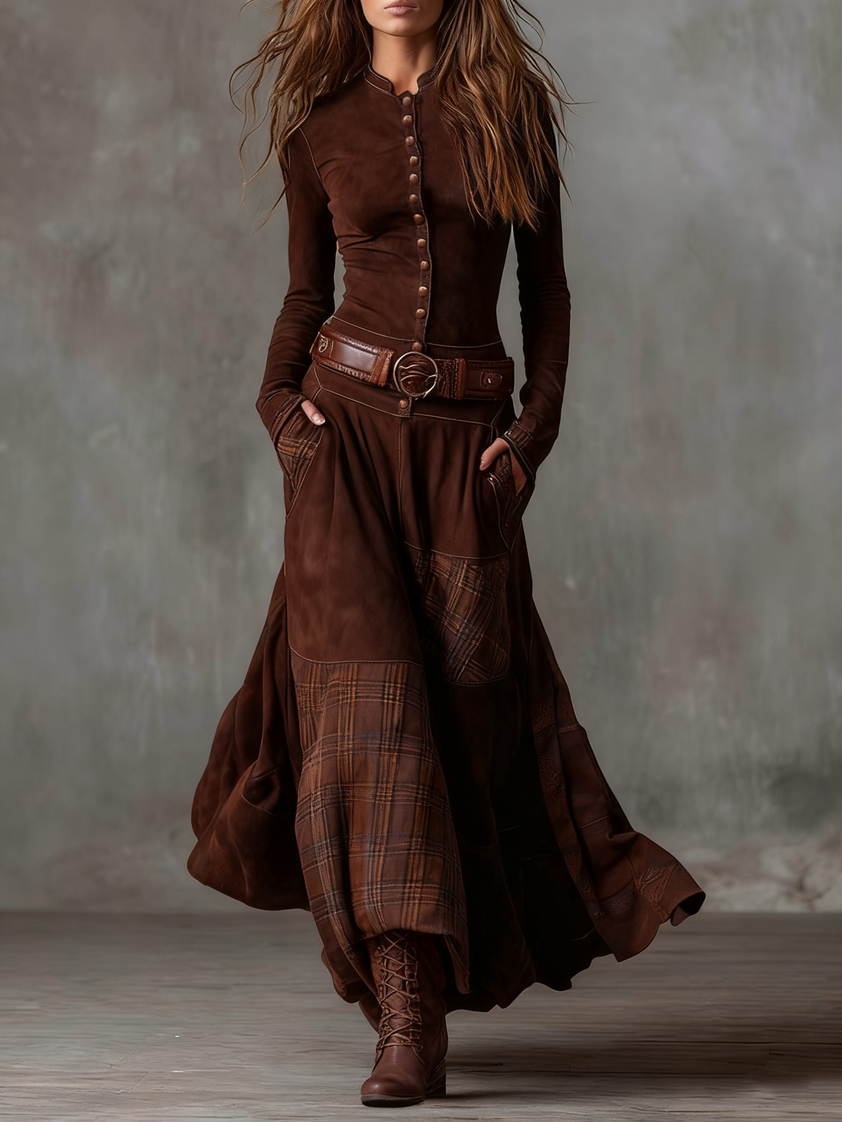 Valeria | Vestido Maxi de Gamuza con Cinturón