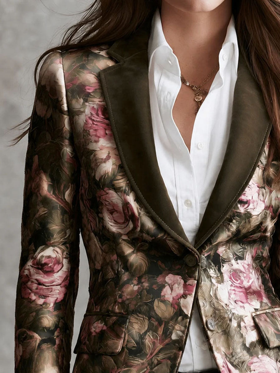 Blazer Vintage de Gamuza Verde Olivo con Rosas Victorianas y Solapa