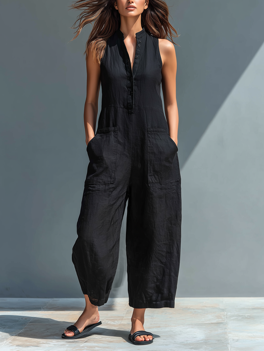 Jumpsuit Minimalista Sin Mangas para Mujer con Cuello Alto y Botones