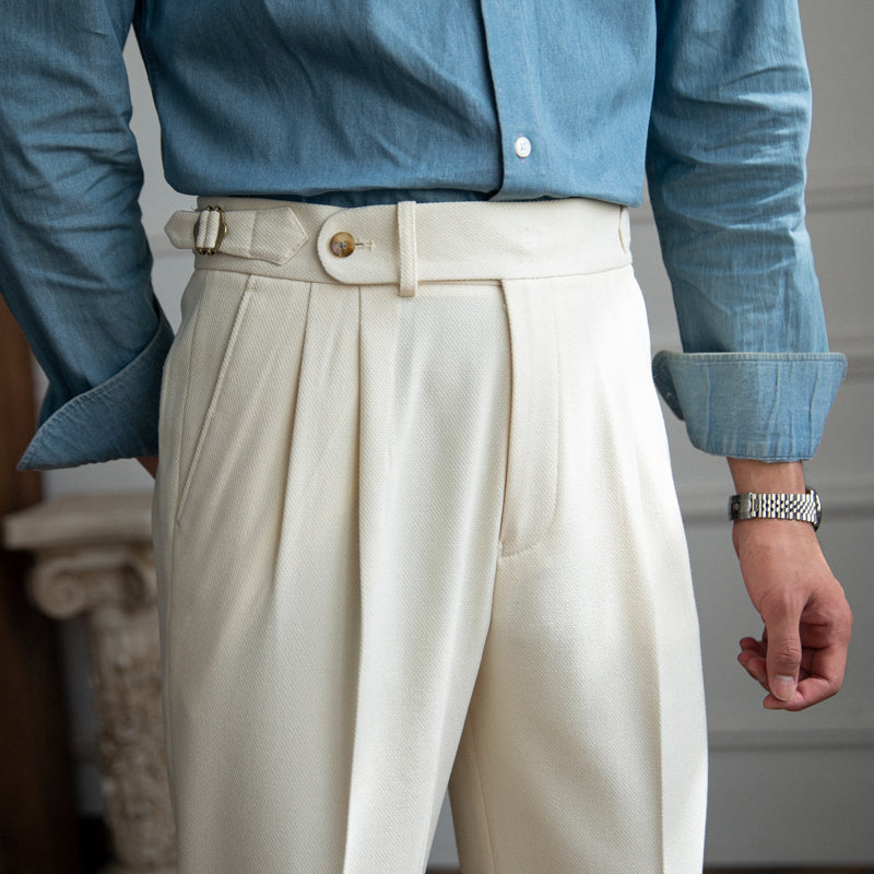Pantalón "London" de Mezcla de Lana Texturizado con Doble Pliegue