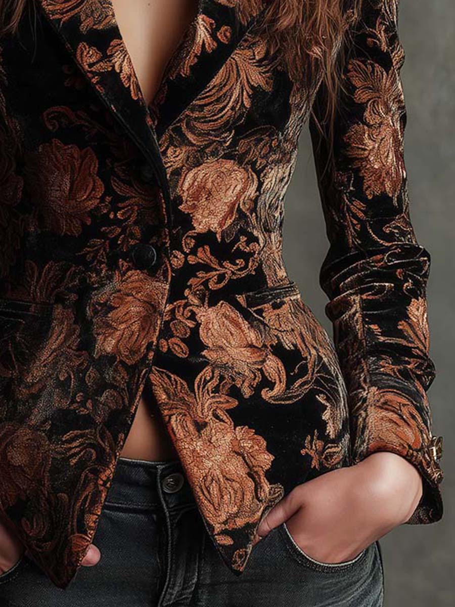 Bertille | Blazer Estilo Sastre Estampado Floral Negro y Bronce