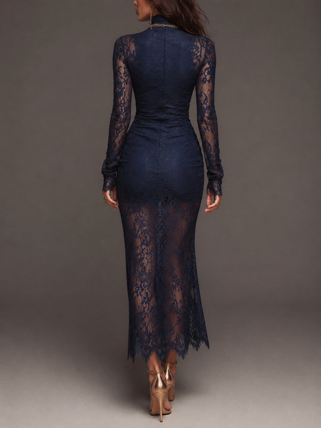 Vestido Midi Bodycon de Encaje Floral Festoneado, Romántico Bohemio, Cuello Alto, Manga Larga, Fruncido Lateral y Abertura Alta