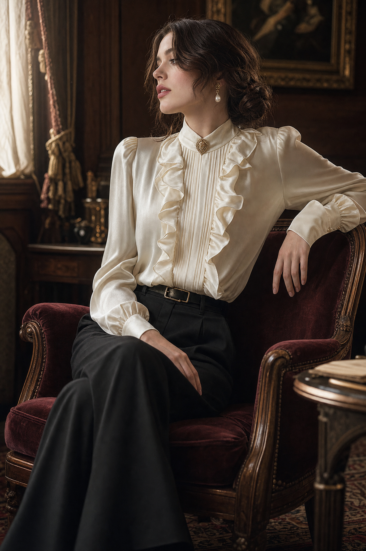 Blusa Vintage de Terciopelo Blanco Hueso con Cuello Mao y Ribete de Olanes