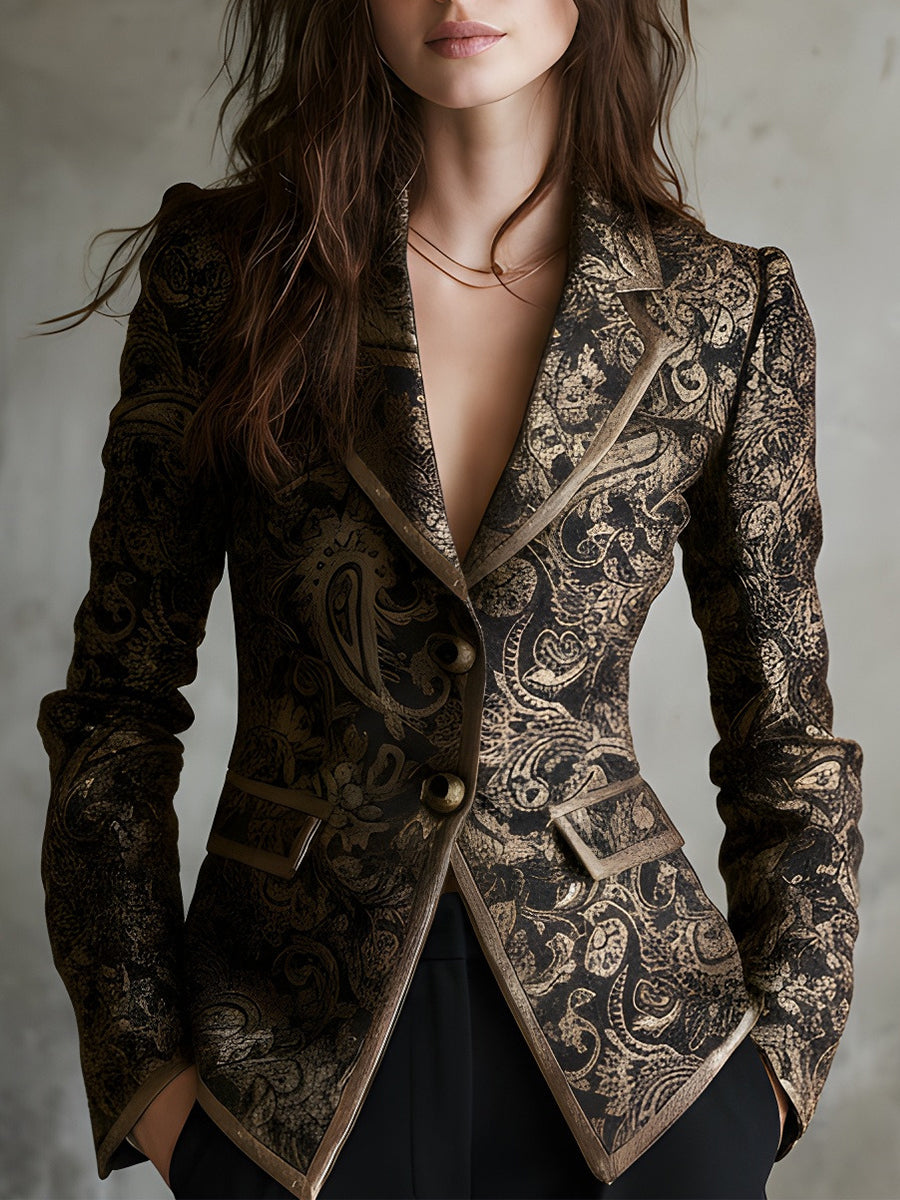 Saco Entallado Quiet Luxury de Jacquard Paisley con Solapas Envolventes