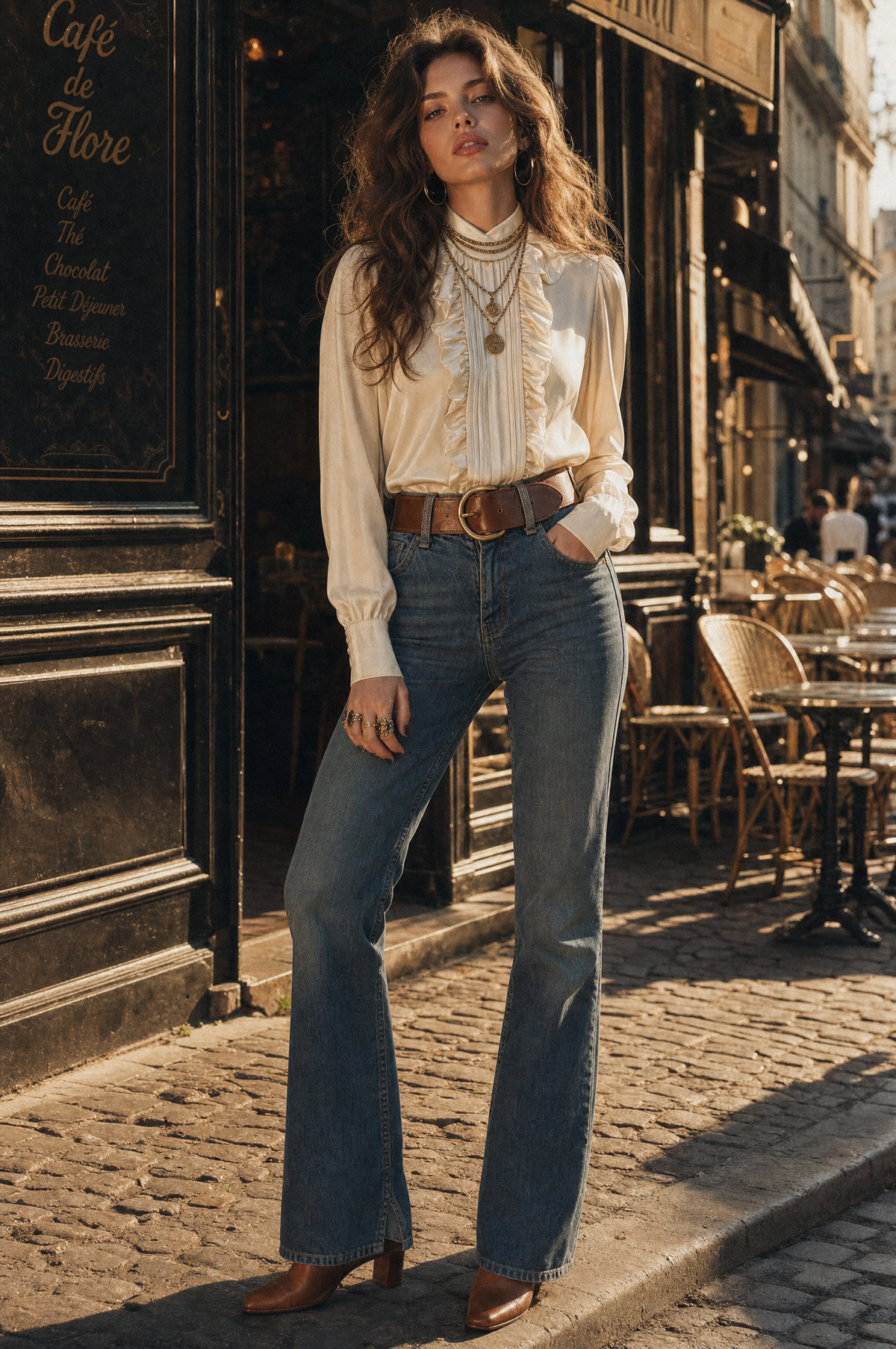 Blusa Vintage de Terciopelo Blanco Hueso con Cuello Mao y Ribete de Olanes