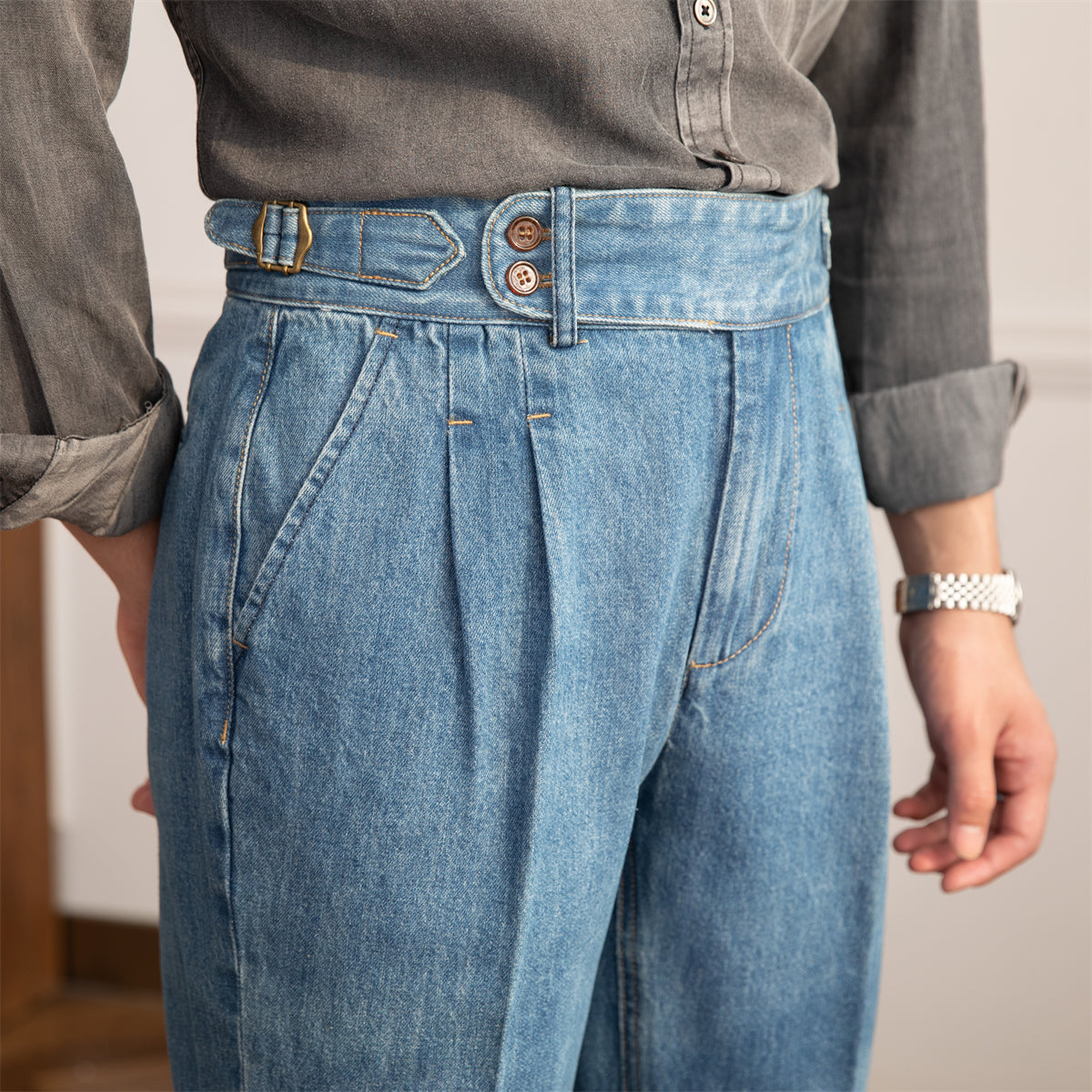 Pantalón de Mezclilla "Lorenzo" Vintage con Pliegue, Corte Recto