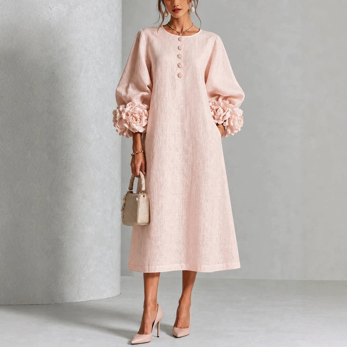 IVY | Vestido Midi Floral con Puños en Forma de Rosa