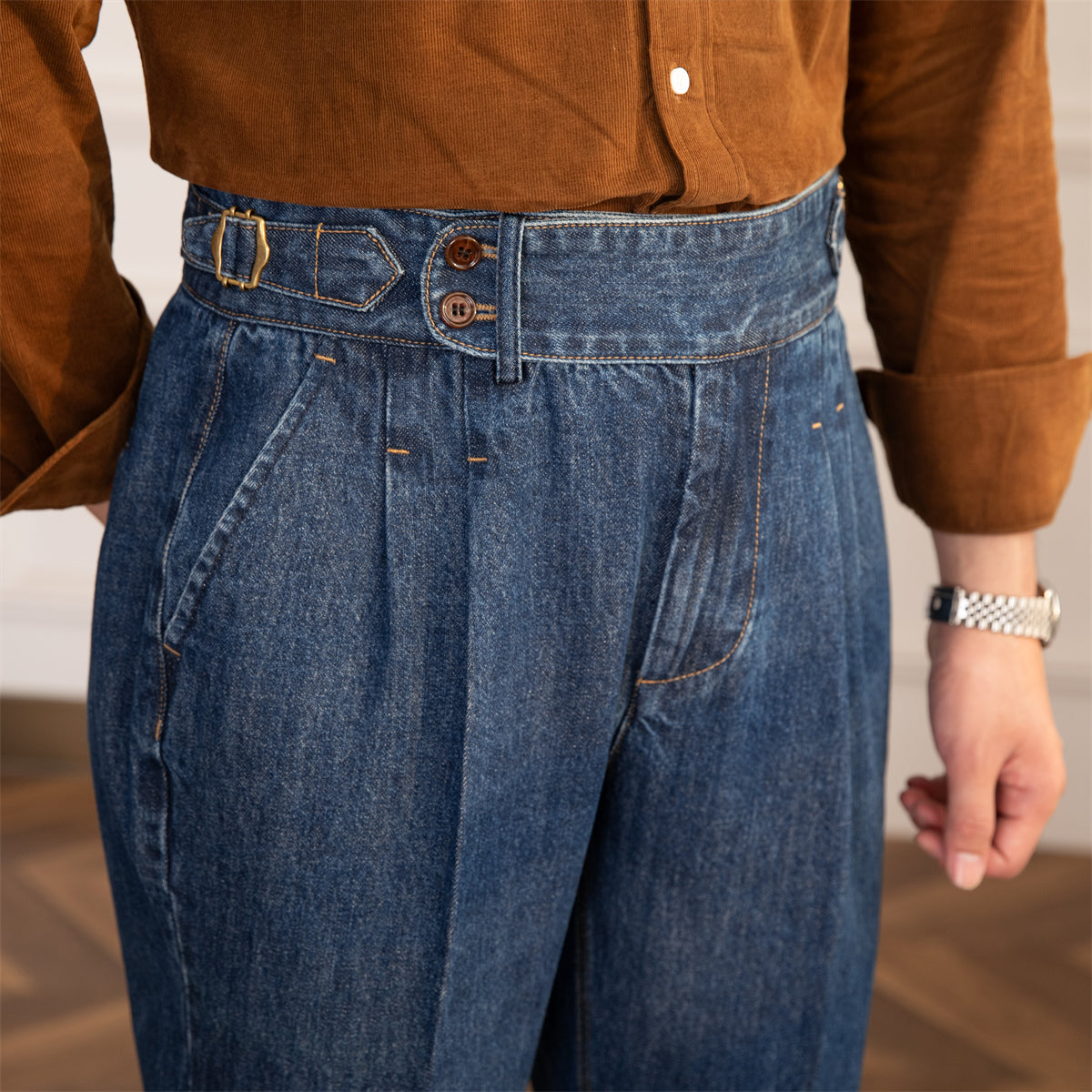 Pantalón de Mezclilla "Lorenzo" Vintage con Pliegue, Corte Recto